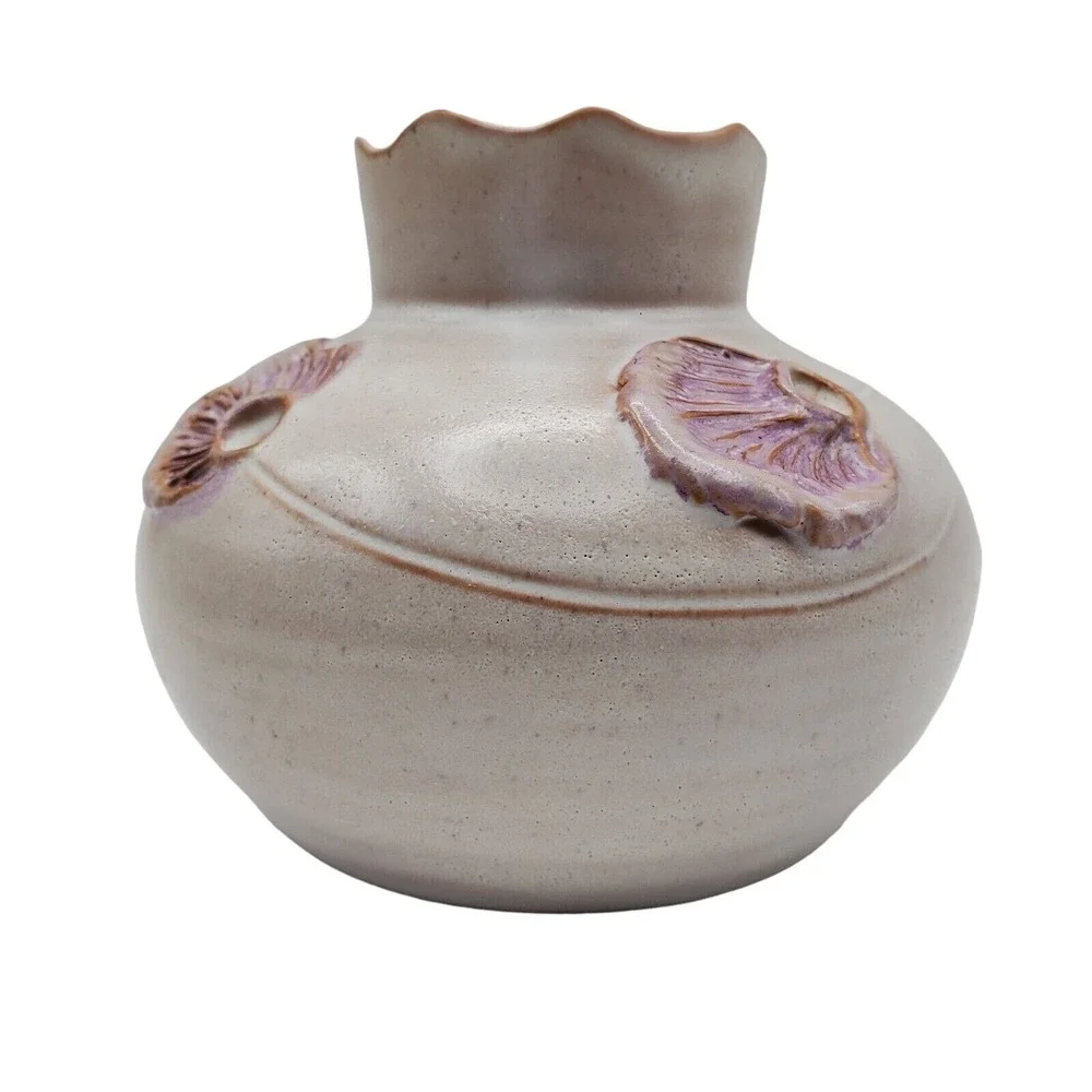 Pink Squat Pottery Vase Ceramic Raised Floral Relief Scalloped Rim Signed Retro